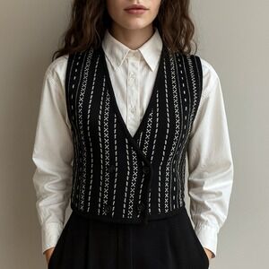 80s Laurel by Escada Wool Knit Vest Black White Double Breasted XS‎ Germany